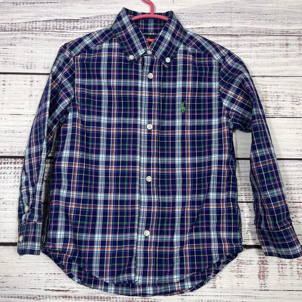 Ralph Lauren Shirt Toddler 3T Blue Green Pink Multi Long Sleeve Button Down Pony